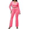imagePINSV Women 2 Piece Outfits Velour Tracksuit Sets Long Sleeve Zip Up Crop Top Hoodie Bootcut Pants Matching Set Jogging Velvet Track Suits Rose red M