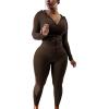 imagePINSV Women Two Piece Outfits Workout Sets Bodycon Tracksuit Long Sleeve Zip Up Hoodie Jacket Jogger Matching Sweat Pants SetBrown