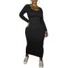 imagePINSV Womens Bodycon Maxi Dress Basic Scoop Neck Long Sleeve Casual Long wrap Maxi Dresses for WomenBlack
