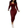 imagePINSV Womens Bodycon Maxi Dress Basic Scoop Neck Long Sleeve Casual Long wrap Maxi Dresses for WomenWine