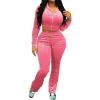 imagePINSV Women 2 Piece Outfits Velour Tracksuit Sets Long Sleeve Zip Up Crop Top Hoodie Bootcut Pants Matching Set Jogging Velvet Track Suits Rose red M
