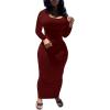 imagePINSV Womens Bodycon Maxi Dress Basic Scoop Neck Long Sleeve Casual Long wrap Maxi Dresses for WomenWine