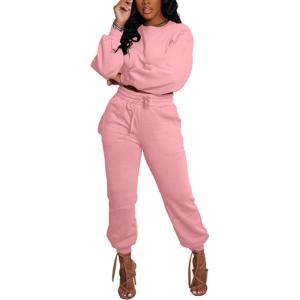 imagePINSV Women 2 Piece Outfits Sweatsuits Sets Long Sleeve Crop Top Jogger Sweatpants Tracksuits Casual SetPink
