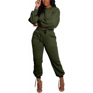 imagePINSV Women 2 Piece Outfits Sweatsuits Sets Long Sleeve Crop Top Jogger Sweatpants Tracksuits Casual SetZ641 Army Green