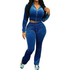 imagePINSV Women 2 Piece Outfits Velour Tracksuit Sets Long Sleeve Zip Up Crop Top Hoodie Bootcut Pants Matching Set Jogging Velvet Track Suits Dark blue M