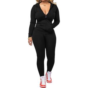 imagePINSV Women Two Piece Outfits Workout Sets Bodycon Tracksuit Long Sleeve Zip Up Hoodie Jacket Jogger Matching Sweat Pants SetBlack