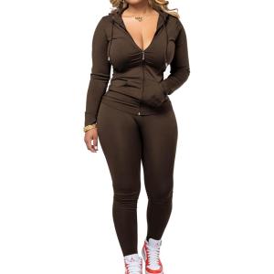 imagePINSV Women Two Piece Outfits Workout Sets Bodycon Tracksuit Long Sleeve Zip Up Hoodie Jacket Jogger Matching Sweat Pants SetBrown