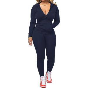 imagePINSV Women Two Piece Outfits Workout Sets Bodycon Tracksuit Long Sleeve Zip Up Hoodie Jacket Jogger Matching Sweat Pants SetDark Blue