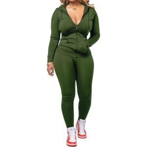 imagePINSV Women Two Piece Outfits Workout Sets Bodycon Tracksuit Long Sleeve Zip Up Hoodie Jacket Jogger Matching Sweat Pants SetDark Green