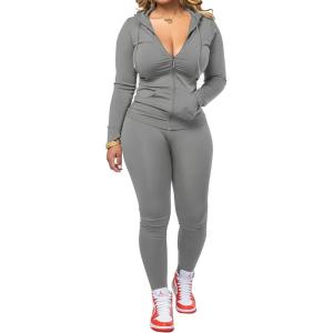 imagePINSV Women Two Piece Outfits Workout Sets Bodycon Tracksuit Long Sleeve Zip Up Hoodie Jacket Jogger Matching Sweat Pants SetGrey