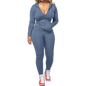 imagePINSV Women Two Piece Outfits Workout Sets Bodycon Tracksuit Long Sleeve Zip Up Hoodie Jacket Jogger Matching Sweat Pants SetGrey Blue