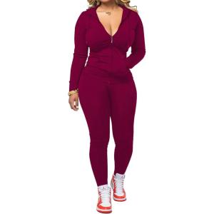 imagePINSV Women Two Piece Outfits Workout Sets Bodycon Tracksuit Long Sleeve Zip Up Hoodie Jacket Jogger Matching Sweat Pants SetWine Red