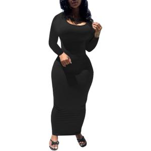 imagePINSV Womens Bodycon Maxi Dress Basic Scoop Neck Long Sleeve Casual Long wrap Maxi Dresses for WomenBlack