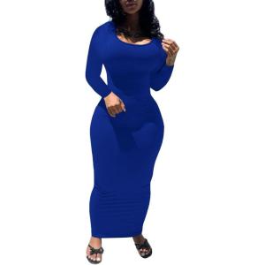 imagePINSV Womens Bodycon Maxi Dress Basic Scoop Neck Long Sleeve Casual Long wrap Maxi Dresses for WomenBlue