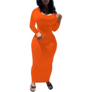 imagePINSV Womens Bodycon Maxi Dress Basic Scoop Neck Long Sleeve Casual Long wrap Maxi Dresses for WomenOrange