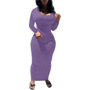 imagePINSV Womens Bodycon Maxi Dress Basic Scoop Neck Long Sleeve Casual Long wrap Maxi Dresses for WomenPurple