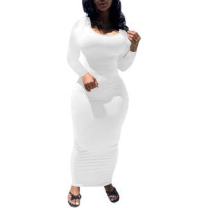 imagePINSV Womens Bodycon Maxi Dress Basic Scoop Neck Long Sleeve Casual Long wrap Maxi Dresses for WomenWhite