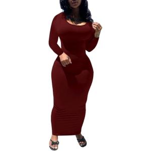 imagePINSV Womens Bodycon Maxi Dress Basic Scoop Neck Long Sleeve Casual Long wrap Maxi Dresses for WomenWine