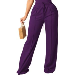 imagePINSV Womens Casual Wide Leg Pants High Waisted Drawstring Baggy Sweatpants Elastic Straight Leg Lounge Pants721 Deep Purple