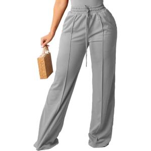 imagePINSV Womens Casual Wide Leg Pants High Waisted Drawstring Baggy Sweatpants Elastic Straight Leg Lounge Pants721 Grey