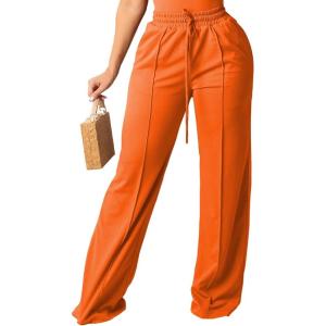 imagePINSV Womens Casual Wide Leg Pants High Waisted Drawstring Baggy Sweatpants Elastic Straight Leg Lounge Pants721 Orange
