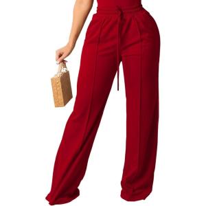 imagePINSV Womens Casual Wide Leg Pants High Waisted Drawstring Baggy Sweatpants Elastic Straight Leg Lounge Pants721 Red