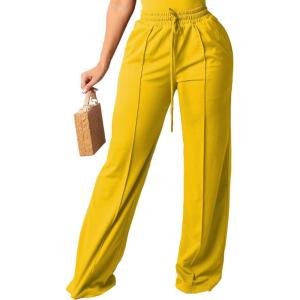 imagePINSV Womens Casual Wide Leg Pants High Waisted Drawstring Baggy Sweatpants Elastic Straight Leg Lounge Pants721 Yellow