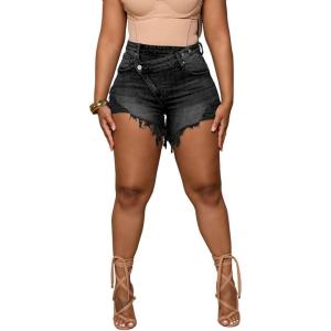 imagePINSV Womens High Waisted Crossover Denim ShortsBlack Gray