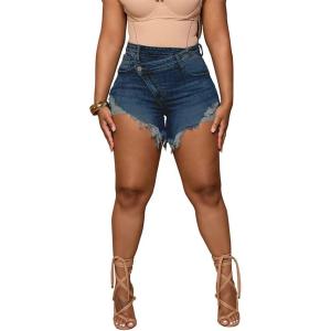 imagePINSV Womens High Waisted Crossover Denim ShortsDark Blue