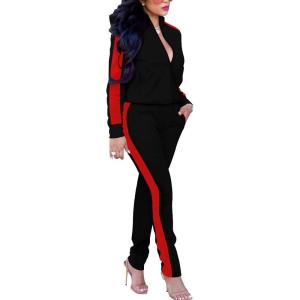 imagePINSV Womens Tracksuit Two Piece Outfits Long Sleeve Zip Up Jacket Jogger Casual Sweatsuit Matching Sets Track Suits Black Red L