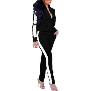 imagePINSV Womens Tracksuit Two Piece Outfits Long Sleeve Zip Up Jacket Jogger Casual Sweatsuit Matching Sets Track Suits Black White L
