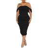 imagePINSV Women Ruched Off Shoulder Dress Bodycon Party Elegant Midi Dresses3288 Black