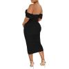 imagePINSV Women Ruched Off Shoulder Dress Bodycon Party Elegant Midi Dresses3288 Black
