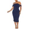 imagePINSV Women Ruched Off Shoulder Dress Bodycon Party Elegant Midi Dresses3288 Dark Blue
