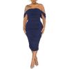 imagePINSV Women Ruched Off Shoulder Dress Bodycon Party Elegant Midi Dresses3288 Dark Blue