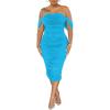 imagePINSV Women Ruched Off Shoulder Dress Bodycon Party Elegant Midi DressesSolid Lake Blue