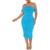 imagePINSV Women Ruched Off Shoulder Dress Bodycon Party Elegant Midi DressesSolid Lake Blue