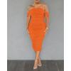 imagePINSV Women Ruched Off Shoulder Dress Bodycon Party Elegant Midi DressesSolid Orange