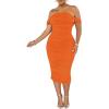 imagePINSV Women Ruched Off Shoulder Dress Bodycon Party Elegant Midi DressesSolid Orange