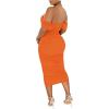 imagePINSV Women Ruched Off Shoulder Dress Bodycon Party Elegant Midi DressesSolid Orange