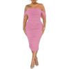 imagePINSV Women Ruched Off Shoulder Dress Bodycon Party Elegant Midi DressesSolid Pink