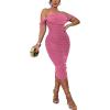 imagePINSV Women Ruched Off Shoulder Dress Bodycon Party Elegant Midi DressesSparkly Pink