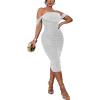 imagePINSV Women Sparkly Ruched Off Shoulder Dress Bodycon Party Elegant Midi Dresses White L