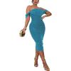 imagePINSV Women Sparkly Ruched Off Shoulder Dress Sleeveless Bodycon Party Elegant Midi Dresses Blue L