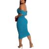 imagePINSV Women Sparkly Ruched Off Shoulder Dress Sleeveless Bodycon Party Elegant Midi Dresses Blue L