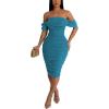 imagePINSV Women Sparkly Ruched Off Shoulder Dress Sleeveless Bodycon Party Elegant Midi Dresses Blue L