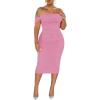 imagePINSV Women Ruched Off Shoulder Dress Bodycon Party Elegant Midi DressesSolid Pink