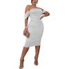 imagePINSV Women Sparkly Ruched Off Shoulder Dress Bodycon Party Elegant Midi Dresses White L