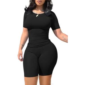imageLounge Wear Casual 2 Piece Outfits Sets for Women Skinny Crew Neck Tshirt High Waist Leggings Shorts Workout SetBlack B
