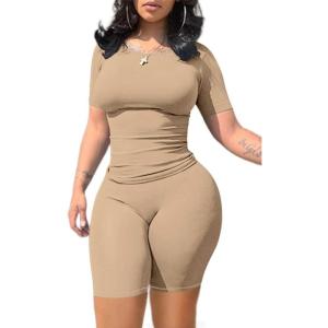 imageLounge Wear Casual 2 Piece Outfits Sets for Women Skinny Crew Neck Tshirt High Waist Leggings Shorts Workout SetCream